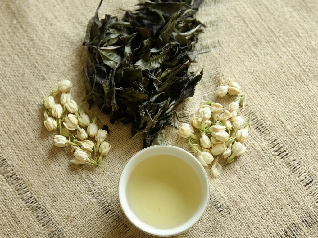 Handmade Ceylon green tea leaves with a cup of pale green tea, from Kandy, Sri Lanka