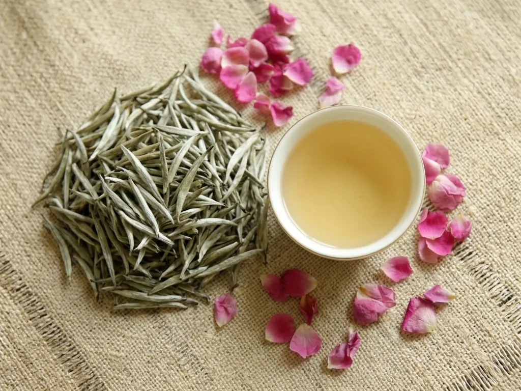 Ceylon silver tips white tea buds with a cup of pale golden tea, handmade in Kandy, Sri Lanka